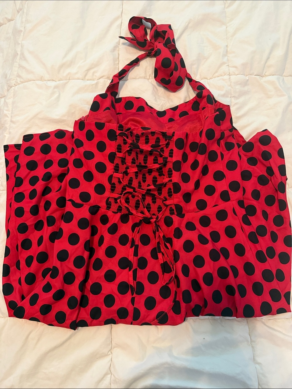 Red and Black Polka Dot Halter Midi Dress - Women - Picture 2 of 3
